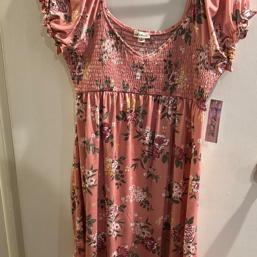 Pink Floral Dress with Ruffled Sleeves